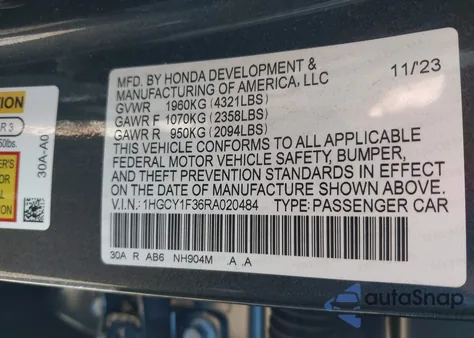 2024 Honda Accord Ex z USA, uszkodzony, nr VIN 1HGCY1F36RA020484